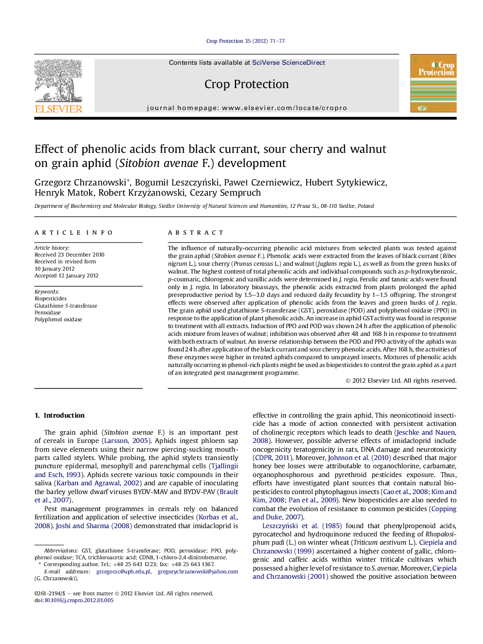 Effect of phenolic acids from black currant, sour cherry and walnut on grain aphid (Sitobion avenae F.) development