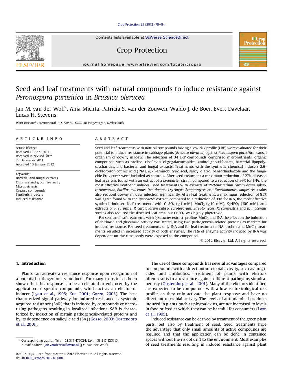 Seed and leaf treatments with natural compounds to induce resistance against Peronospora parasitica in Brassica oleracea