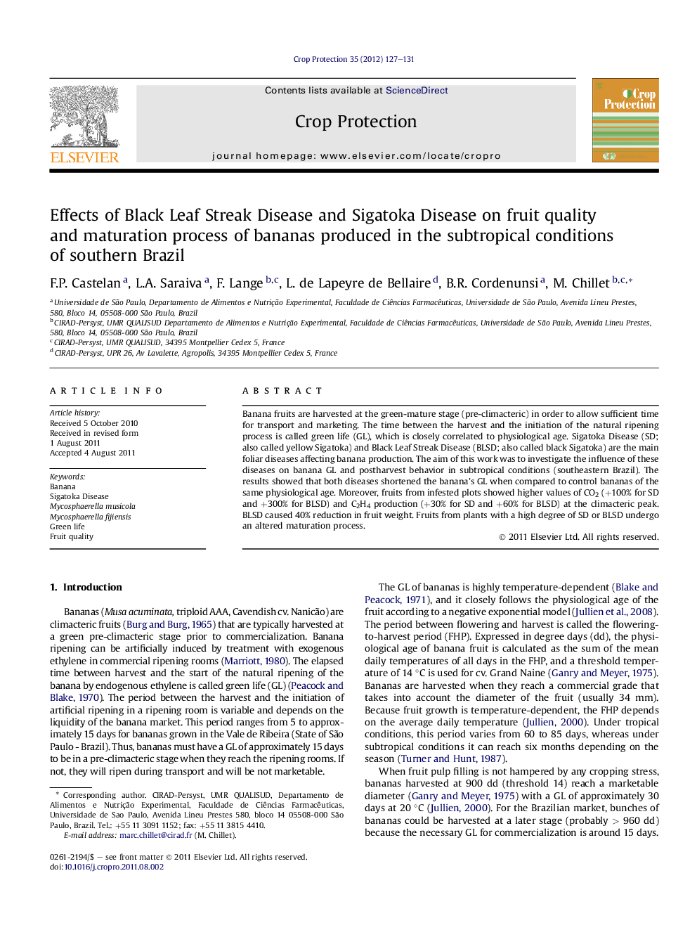 Effects of Black Leaf Streak Disease and Sigatoka Disease on fruit quality and maturation process of bananas produced in the subtropical conditions of southern Brazil