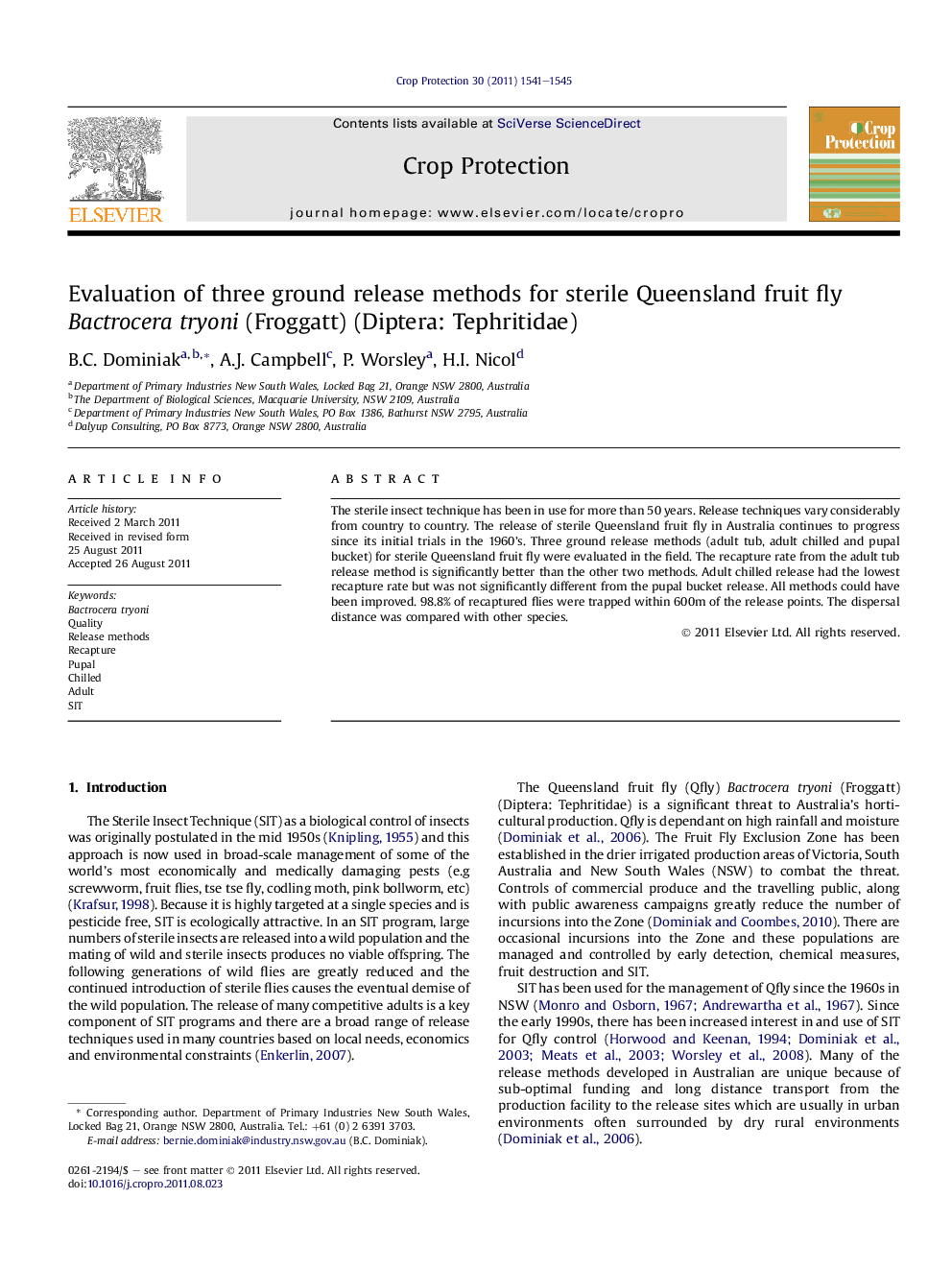 Evaluation of three ground release methods for sterile Queensland fruit fly Bactrocera tryoni (Froggatt) (Diptera: Tephritidae)