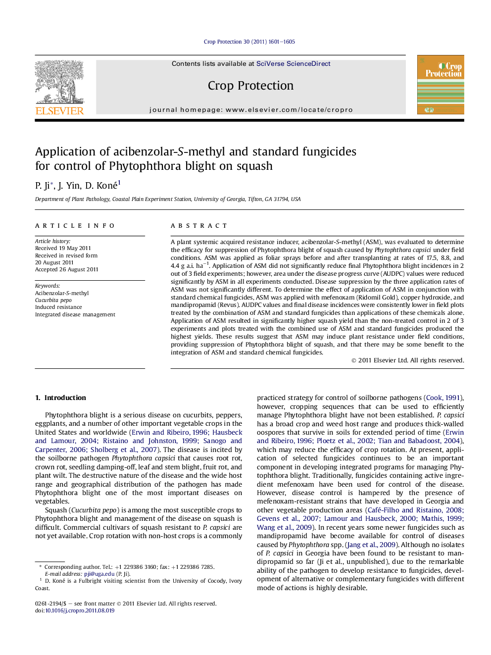 Application of acibenzolar-S-methyl and standard fungicides for control of Phytophthora blight on squash