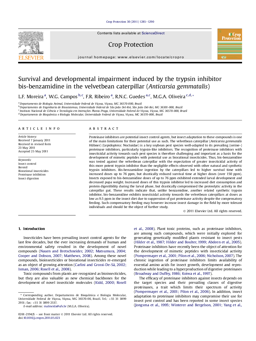 Survival and developmental impairment induced by the trypsin inhibitor bis-benzamidine in the velvetbean caterpillar (Anticarsia gemmatalis)