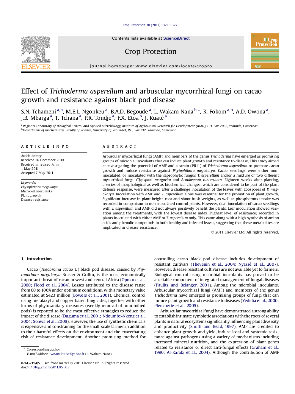 Effect of Trichoderma asperellum and arbuscular mycorrhizal fungi on cacao growth and resistance against black pod disease