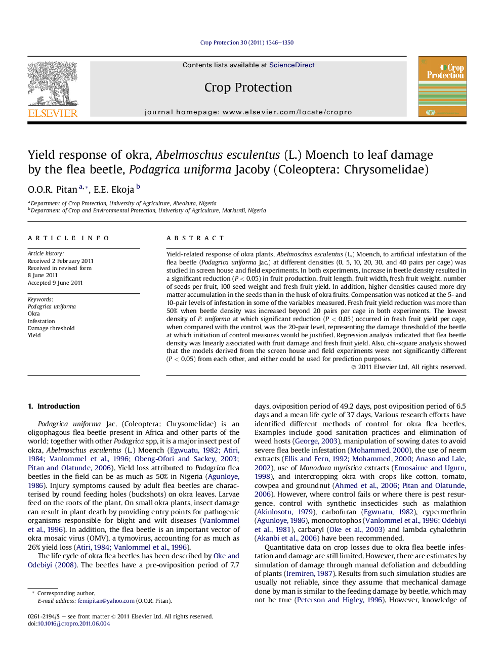 Yield response of okra, Abelmoschus esculentus (L.) Moench to leaf damage by the flea beetle, Podagrica uniforma Jacoby (Coleoptera: Chrysomelidae)