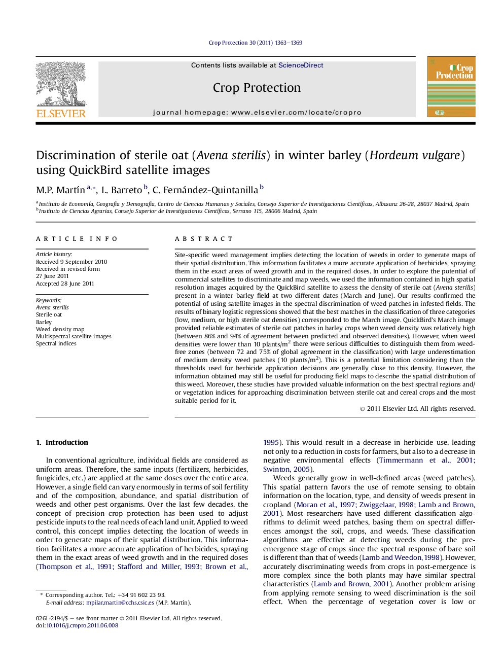 Discrimination of sterile oat (Avena sterilis) in winter barley (Hordeum vulgare) using QuickBird satellite images