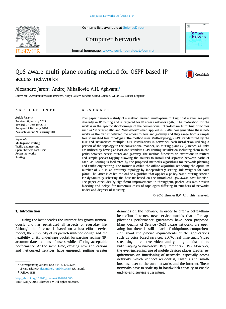 QoS-aware multi-plane routing method for OSPF-based IP access networks