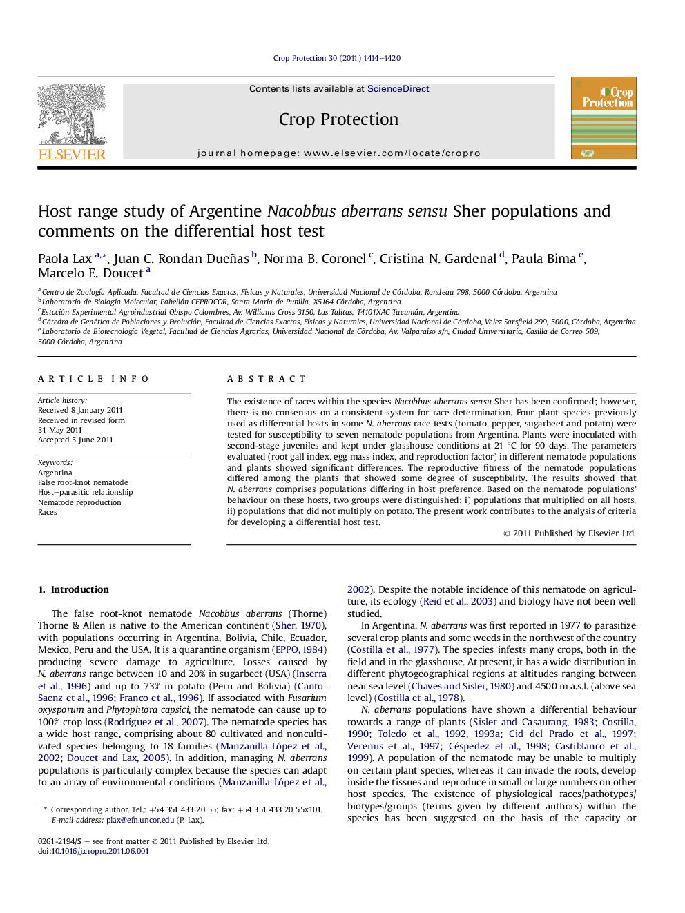 Host range study of Argentine Nacobbus aberrans sensu Sher populations and comments on the differential host test