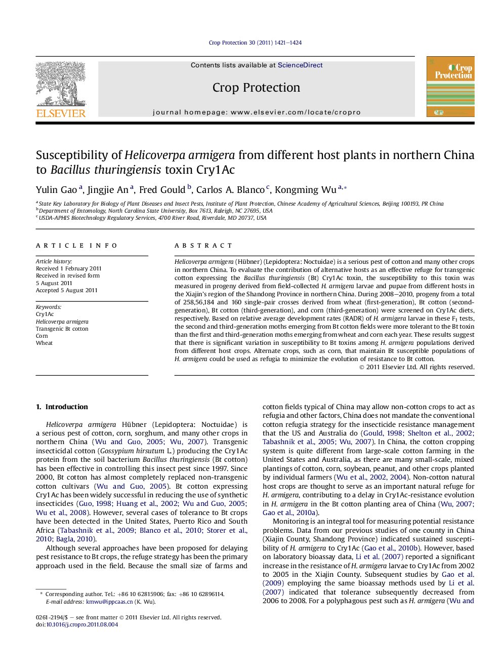 Susceptibility of Helicoverpa armigera from different host plants in northern China to Bacillus thuringiensis toxin Cry1Ac