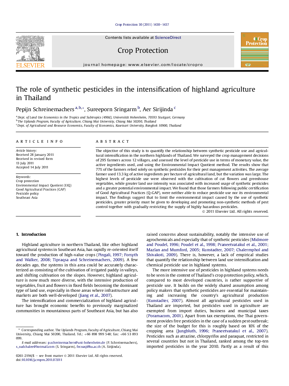 The role of synthetic pesticides in the intensification of highland agriculture in Thailand