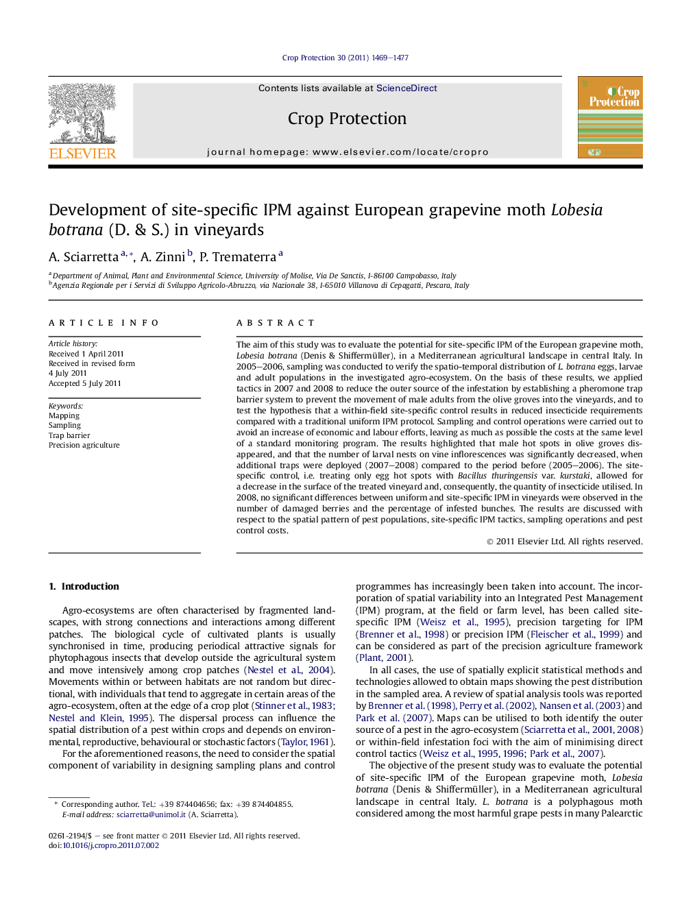 Development of site-specific IPM against European grapevine moth Lobesia botrana (D. & S.) in vineyards