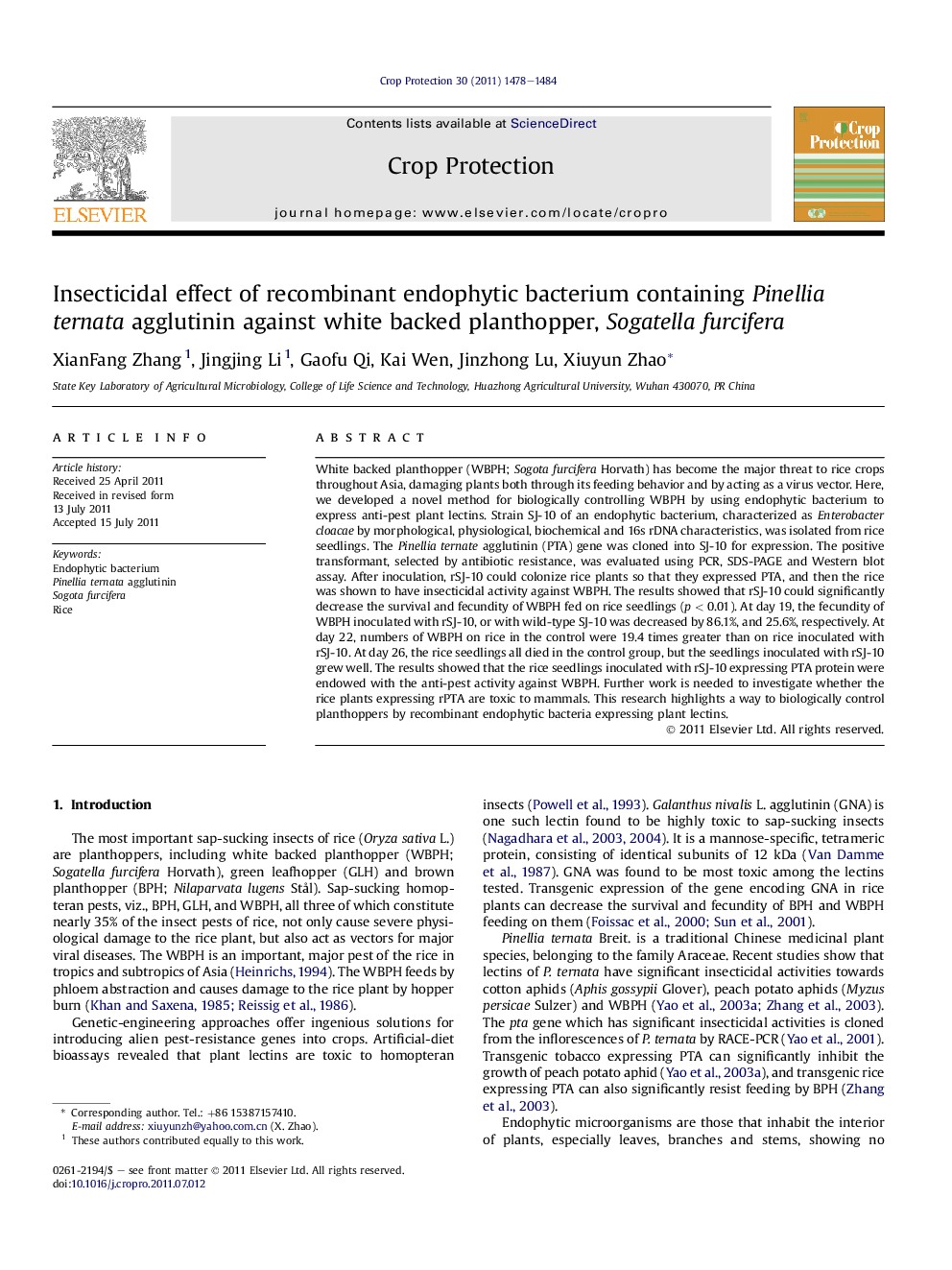 Insecticidal effect of recombinant endophytic bacterium containing Pinellia ternata agglutinin against white backed planthopper, Sogatella furcifera