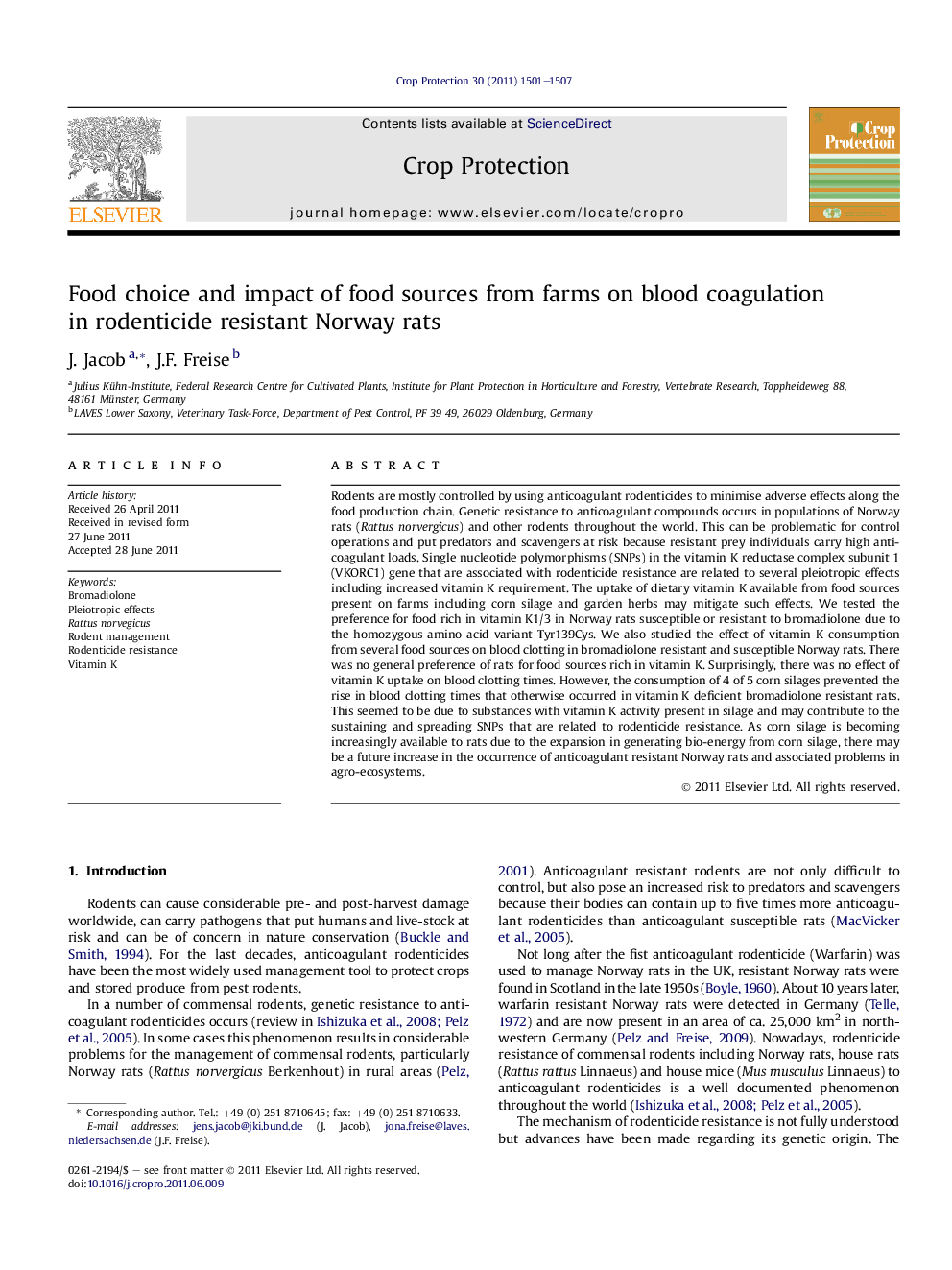 Food choice and impact of food sources from farms on blood coagulation in rodenticide resistant Norway rats