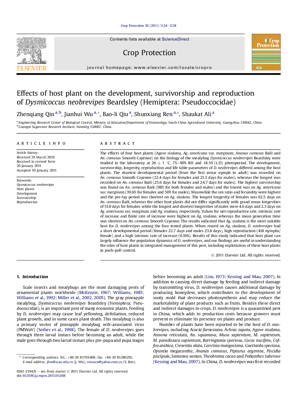 Effects of host plant on the development, survivorship and reproduction of Dysmicoccus neobrevipes Beardsley (Hemiptera: Pseudoccocidae)