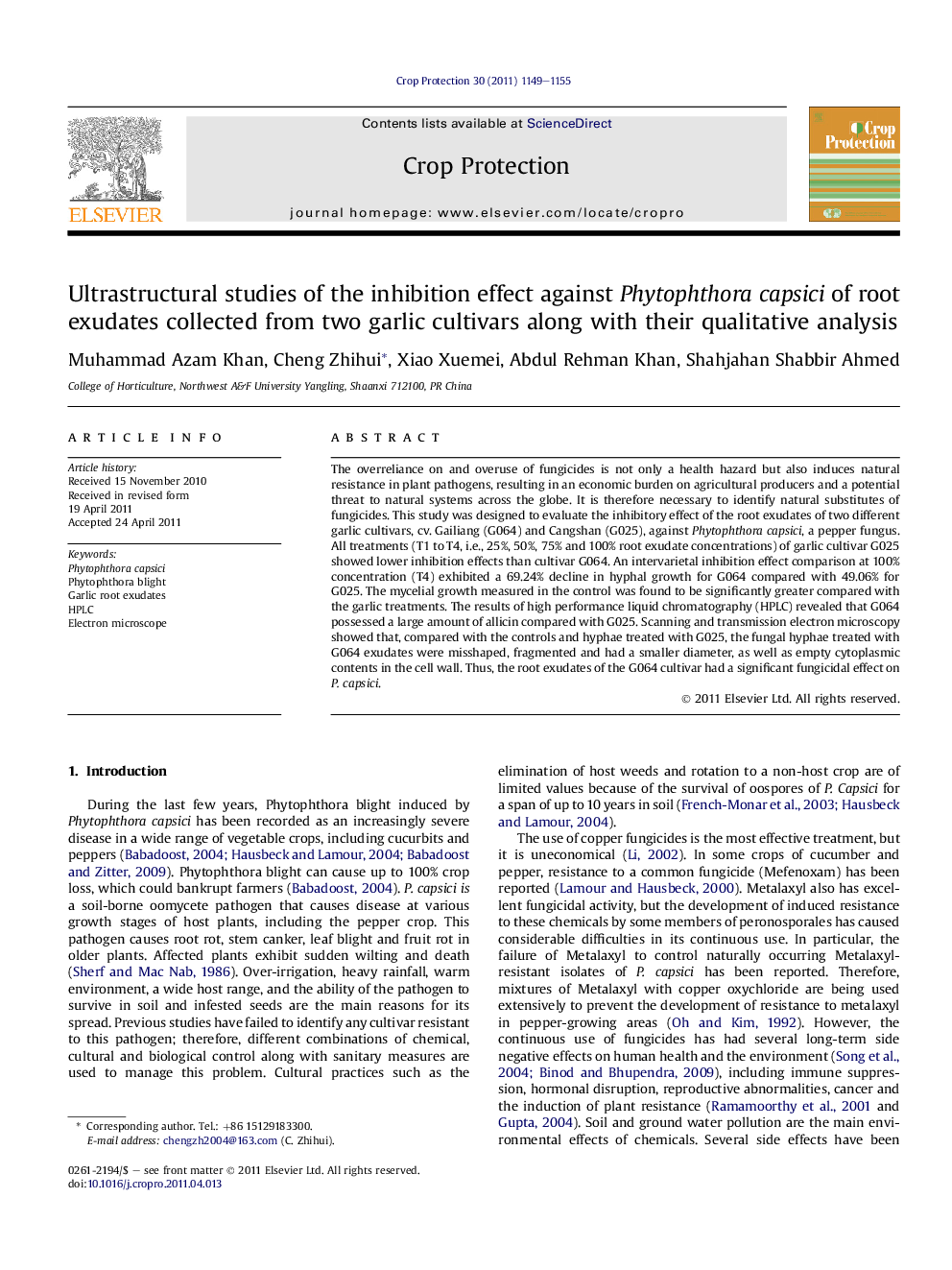 Ultrastructural studies of the inhibition effect against Phytophthora capsici of root exudates collected from two garlic cultivars along with their qualitative analysis