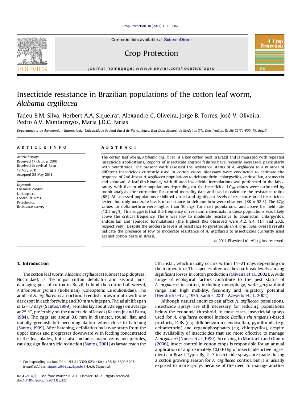 Insecticide resistance in Brazilian populations of the cotton leaf worm, Alabama argillacea