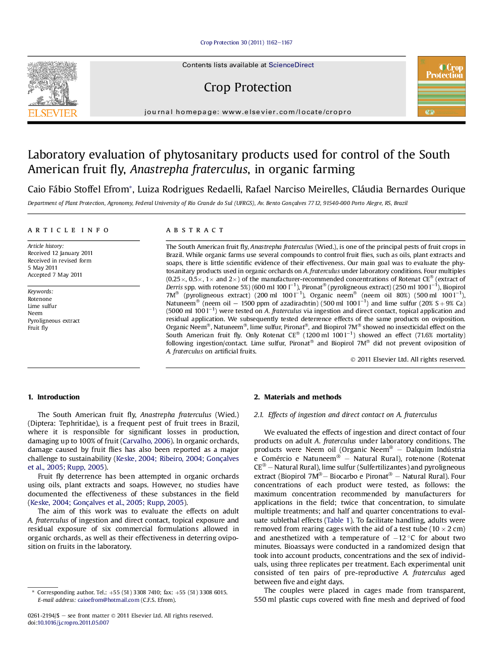 Laboratory evaluation of phytosanitary products used for control of the South American fruit fly, Anastrepha fraterculus, in organic farming