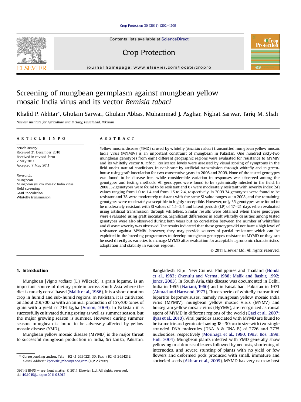 Screening of mungbean germplasm against mungbean yellow mosaic India virus and its vector Bemisia tabaci