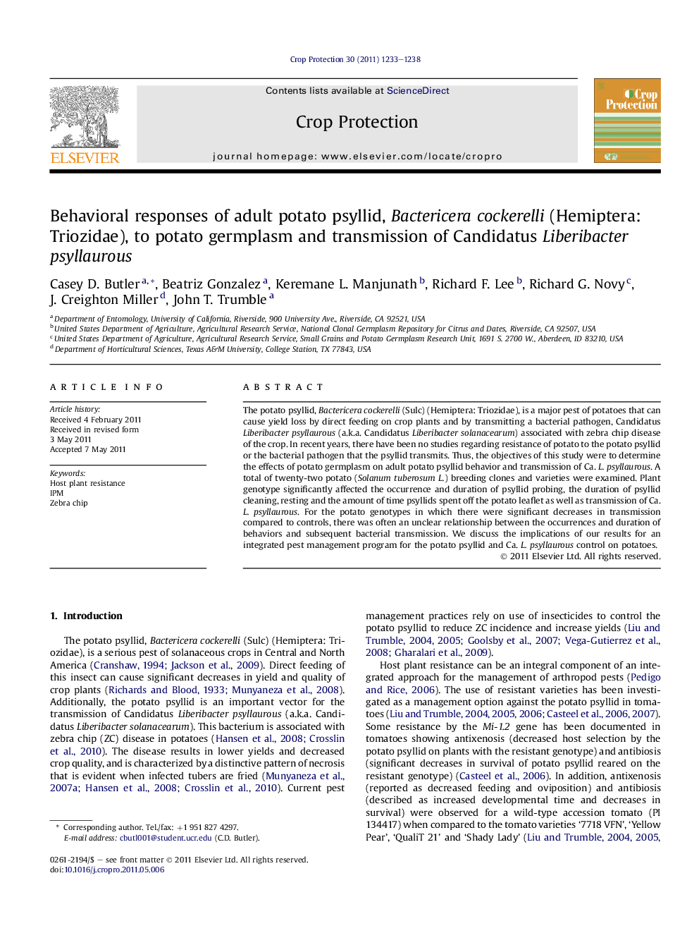 Behavioral responses of adult potato psyllid, Bactericera cockerelli (Hemiptera: Triozidae), to potato germplasm and transmission of Candidatus Liberibacter psyllaurous