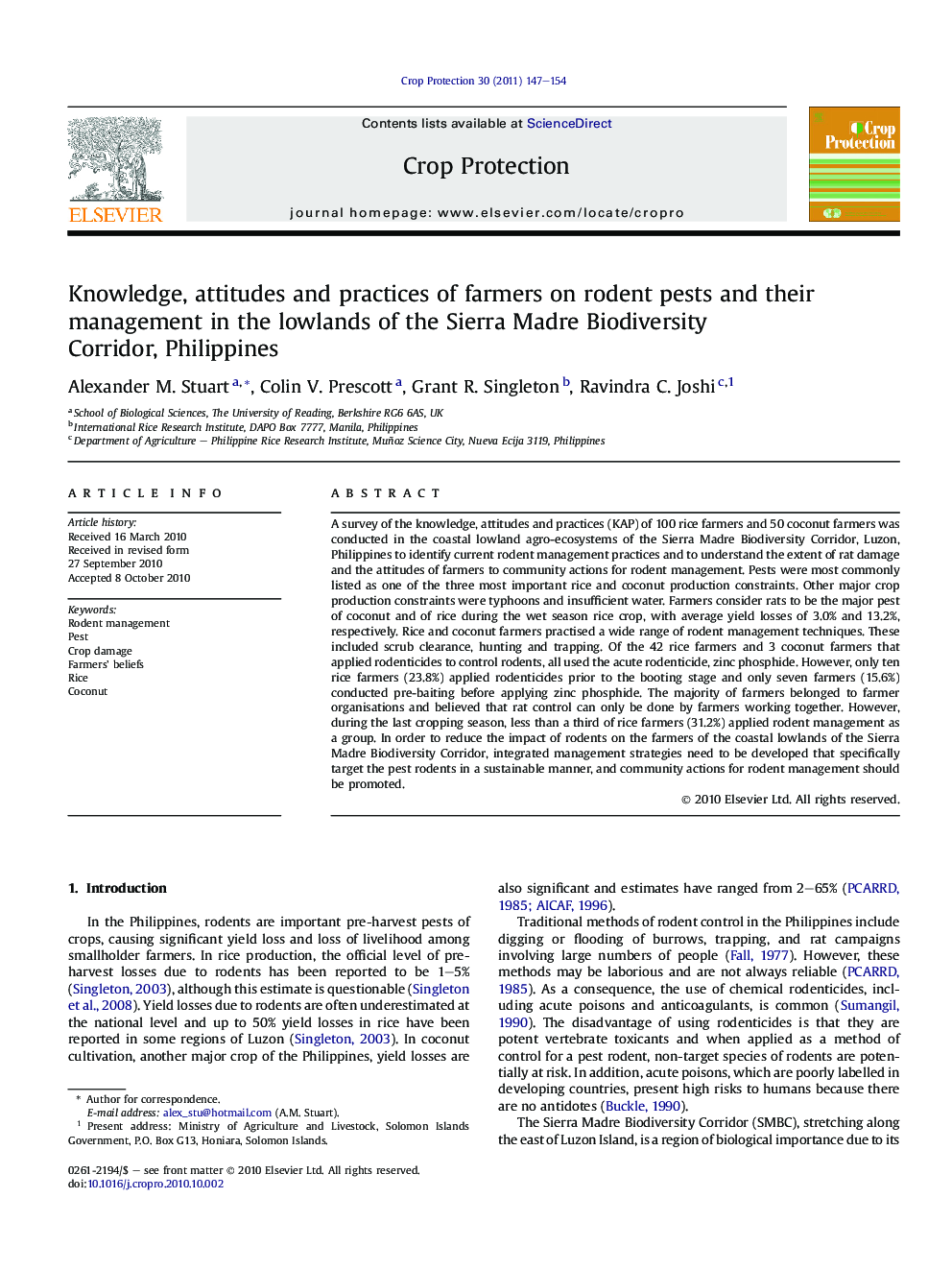 Knowledge, attitudes and practices of farmers on rodent pests and their management in the lowlands of the Sierra Madre Biodiversity Corridor, Philippines