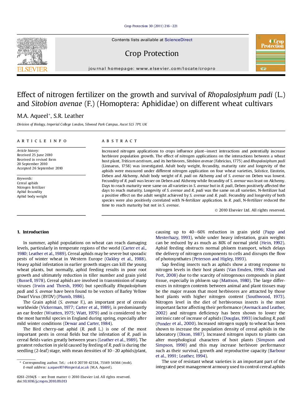 Effect of nitrogen fertilizer on the growth and survival of Rhopalosiphum padi (L.) and Sitobion avenae (F.) (Homoptera: Aphididae) on different wheat cultivars