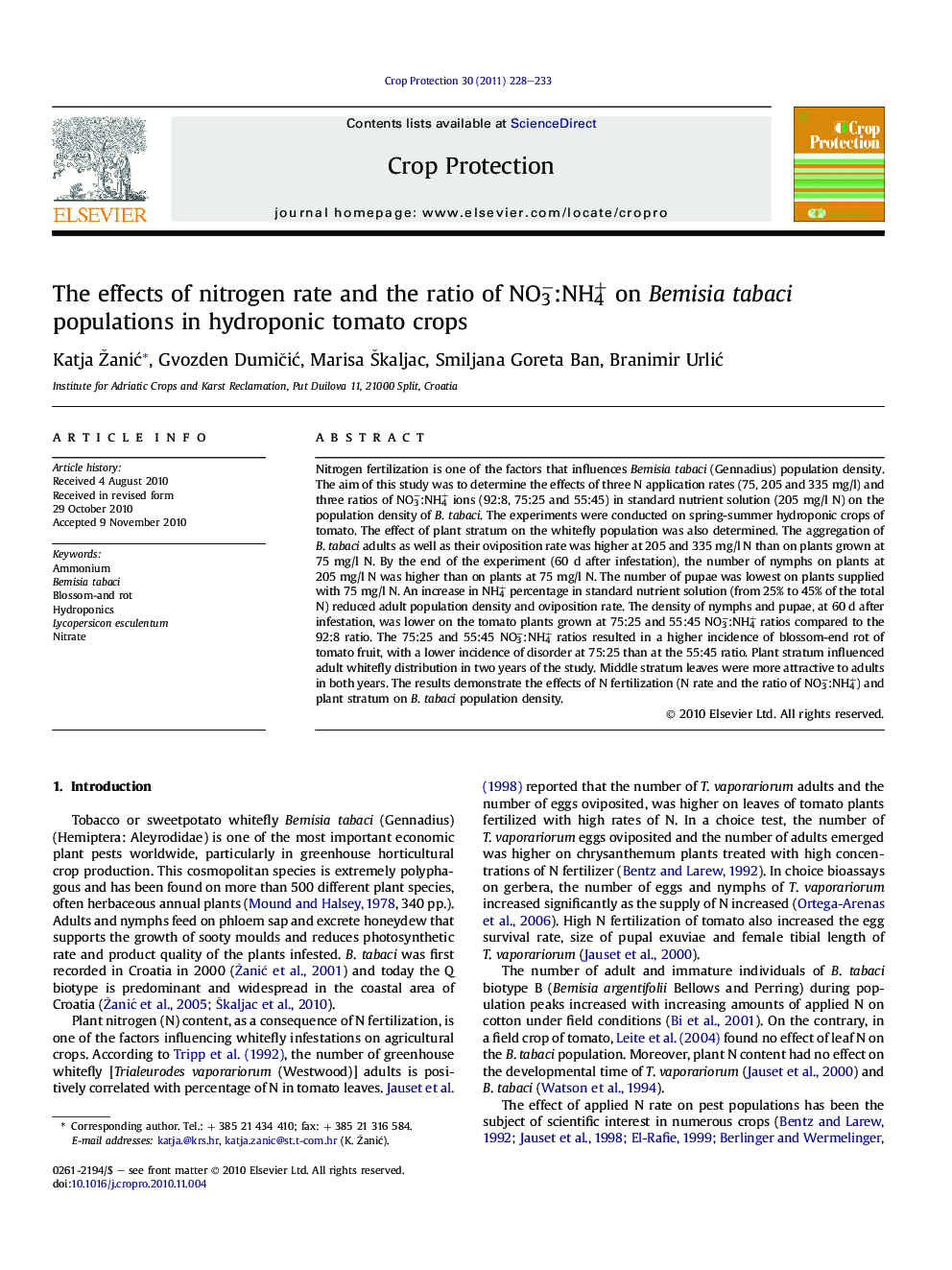 The effects of nitrogen rate and the ratio of NO3−:NH4+ on Bemisia tabaci populations in hydroponic tomato crops