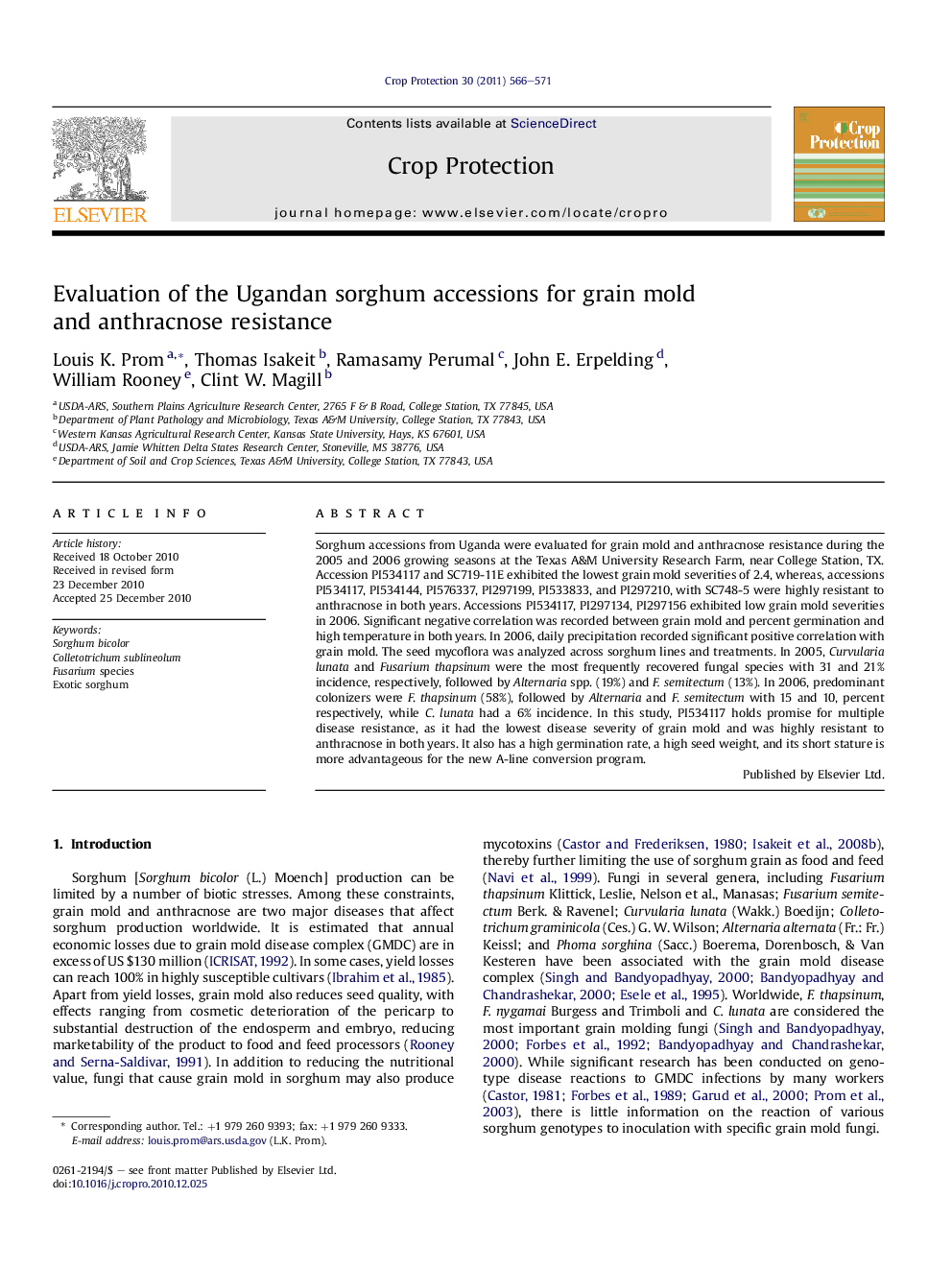 Evaluation of the Ugandan sorghum accessions for grain mold and anthracnose resistance