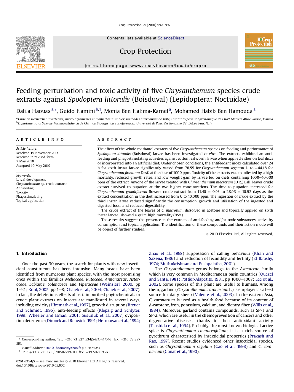 Feeding perturbation and toxic activity of five Chrysanthemum species crude extracts against Spodoptera littoralis (Boisduval) (Lepidoptera; Noctuidae)