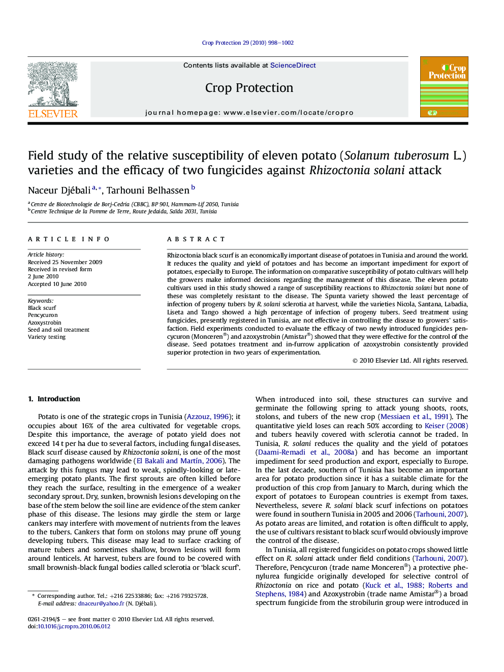 Field study of the relative susceptibility of eleven potato (Solanum tuberosum L.) varieties and the efficacy of two fungicides against Rhizoctonia solani attack