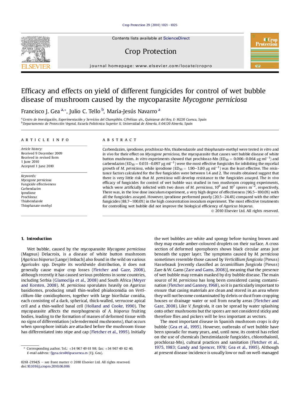 Efficacy and effects on yield of different fungicides for control of wet bubble disease of mushroom caused by the mycoparasite Mycogone perniciosa