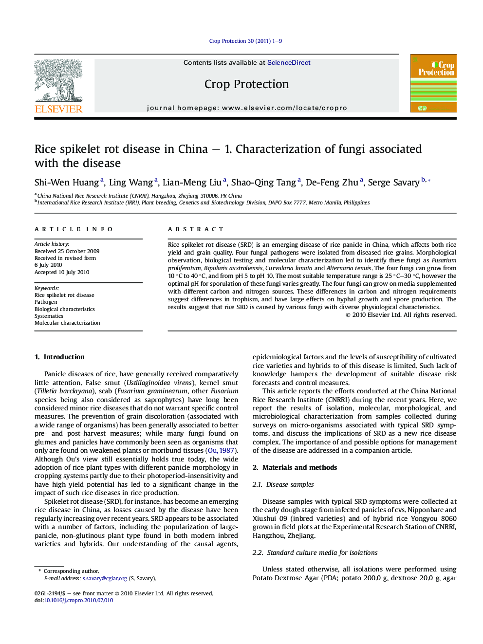 Rice spikelet rot disease in China – 1. Characterization of fungi associated with the disease