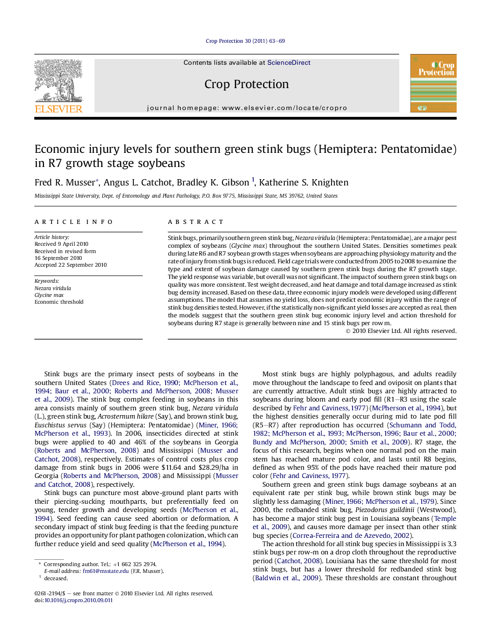 Economic injury levels for southern green stink bugs (Hemiptera: Pentatomidae) in R7 growth stage soybeans