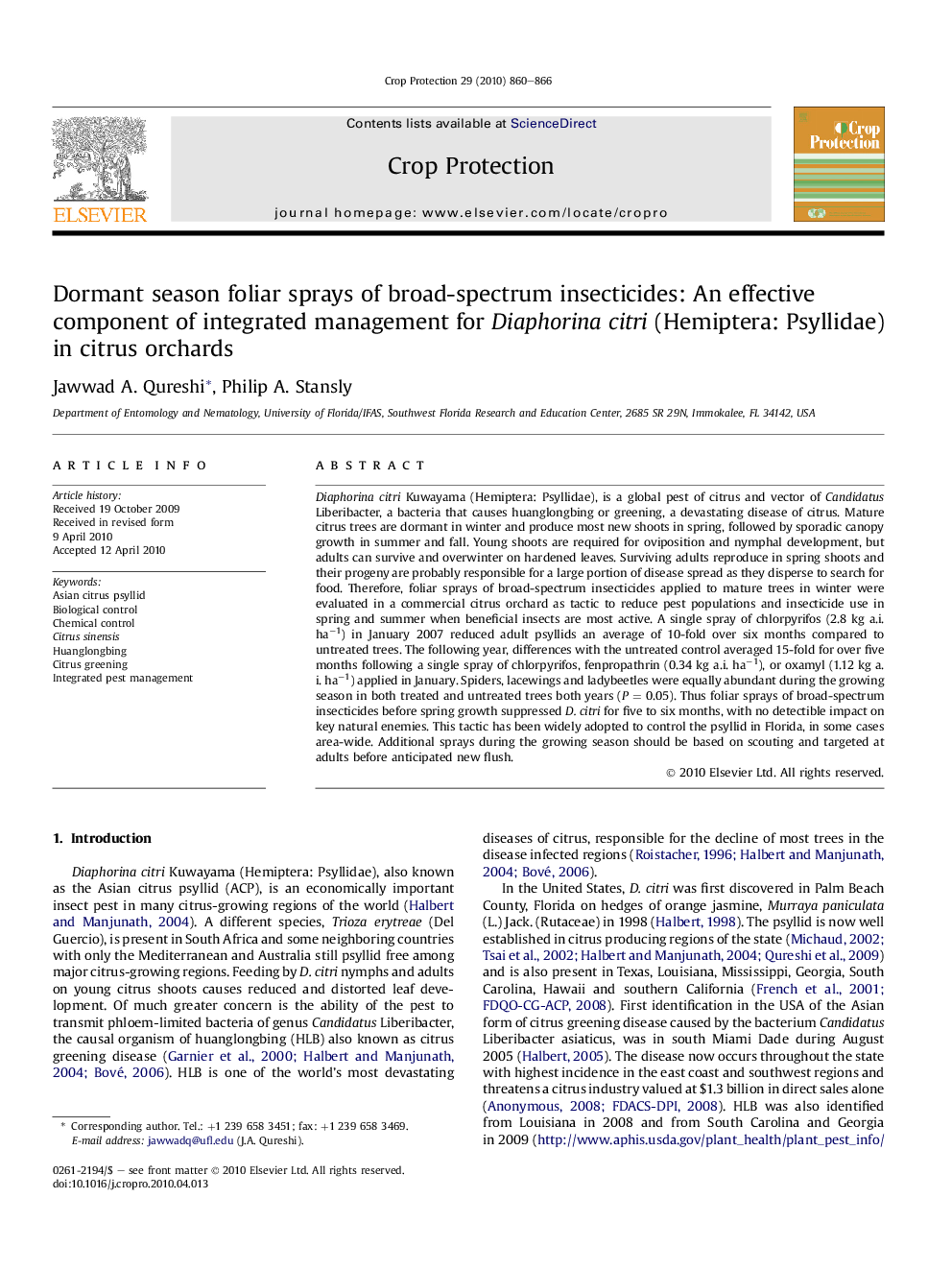 Dormant season foliar sprays of broad-spectrum insecticides: An effective component of integrated management for Diaphorina citri (Hemiptera: Psyllidae) in citrus orchards