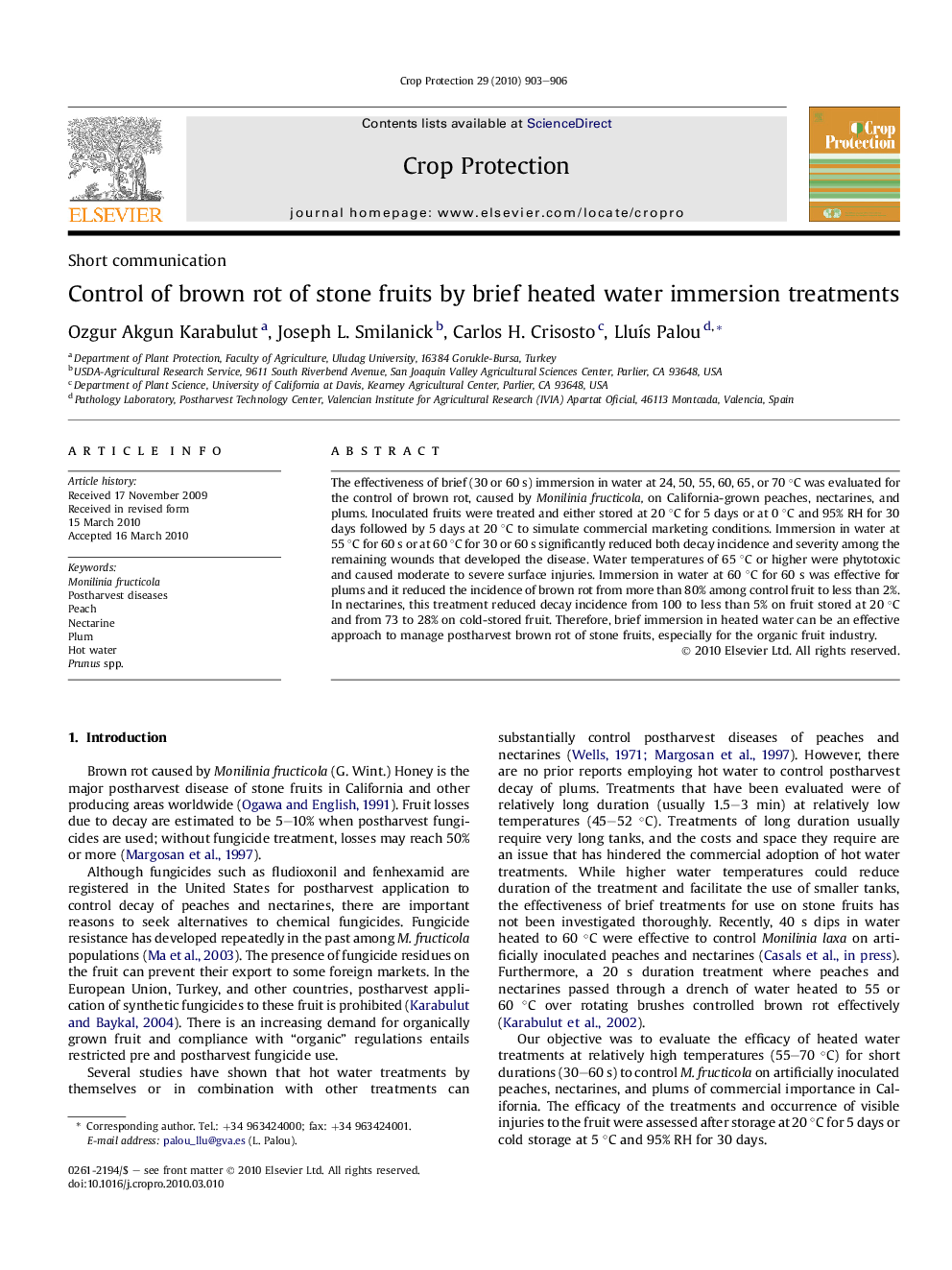 Control of brown rot of stone fruits by brief heated water immersion treatments