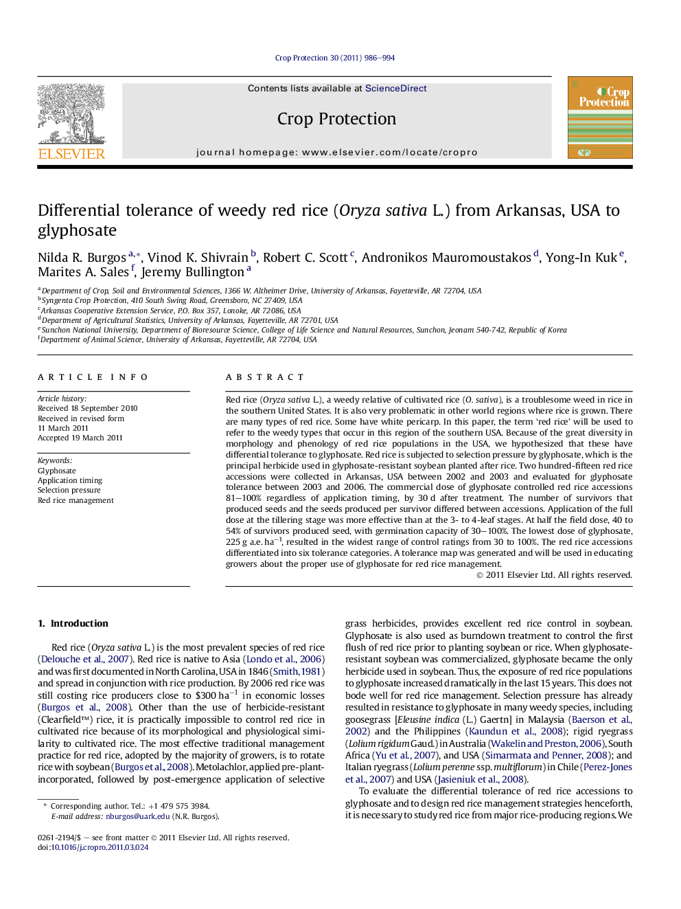 Differential tolerance of weedy red rice (Oryza sativa L.) from Arkansas, USA to glyphosate