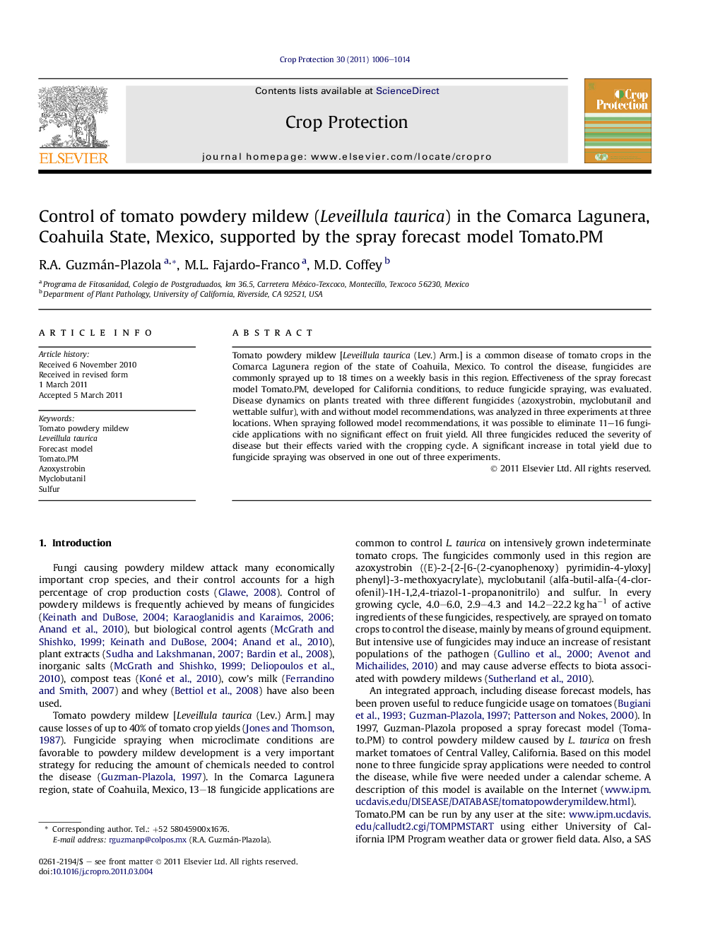 Control of tomato powdery mildew (Leveillula taurica) in the Comarca Lagunera, Coahuila State, Mexico, supported by the spray forecast model Tomato.PM