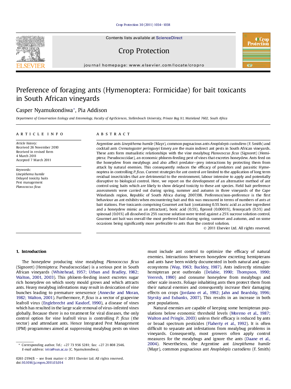 Preference of foraging ants (Hymenoptera: Formicidae) for bait toxicants in South African vineyards