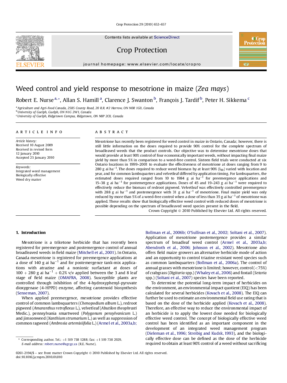 Weed control and yield response to mesotrione in maize (Zea mays)