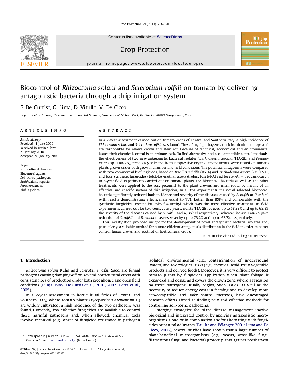 Biocontrol of Rhizoctonia solani and Sclerotium rolfsii on tomato by delivering antagonistic bacteria through a drip irrigation system