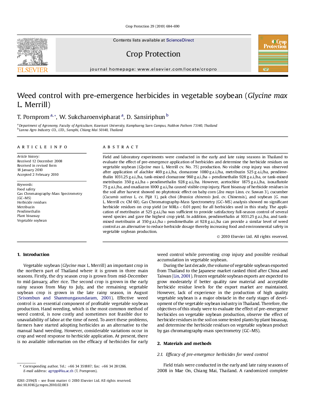 Weed control with pre-emergence herbicides in vegetable soybean (Glycine max L. Merrill)