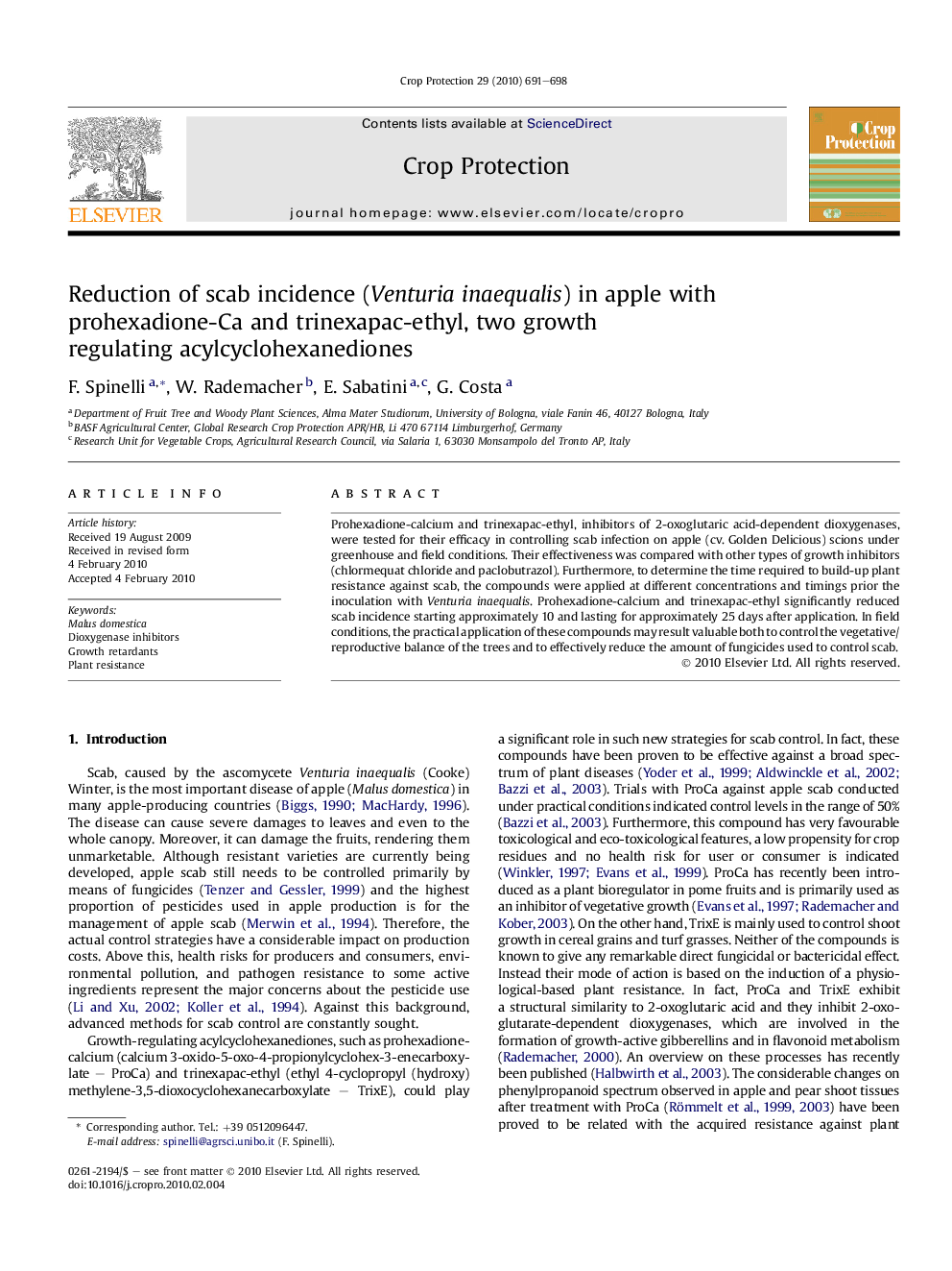 Reduction of scab incidence (Venturia inaequalis) in apple with prohexadione-Ca and trinexapac-ethyl, two growth regulating acylcyclohexanediones