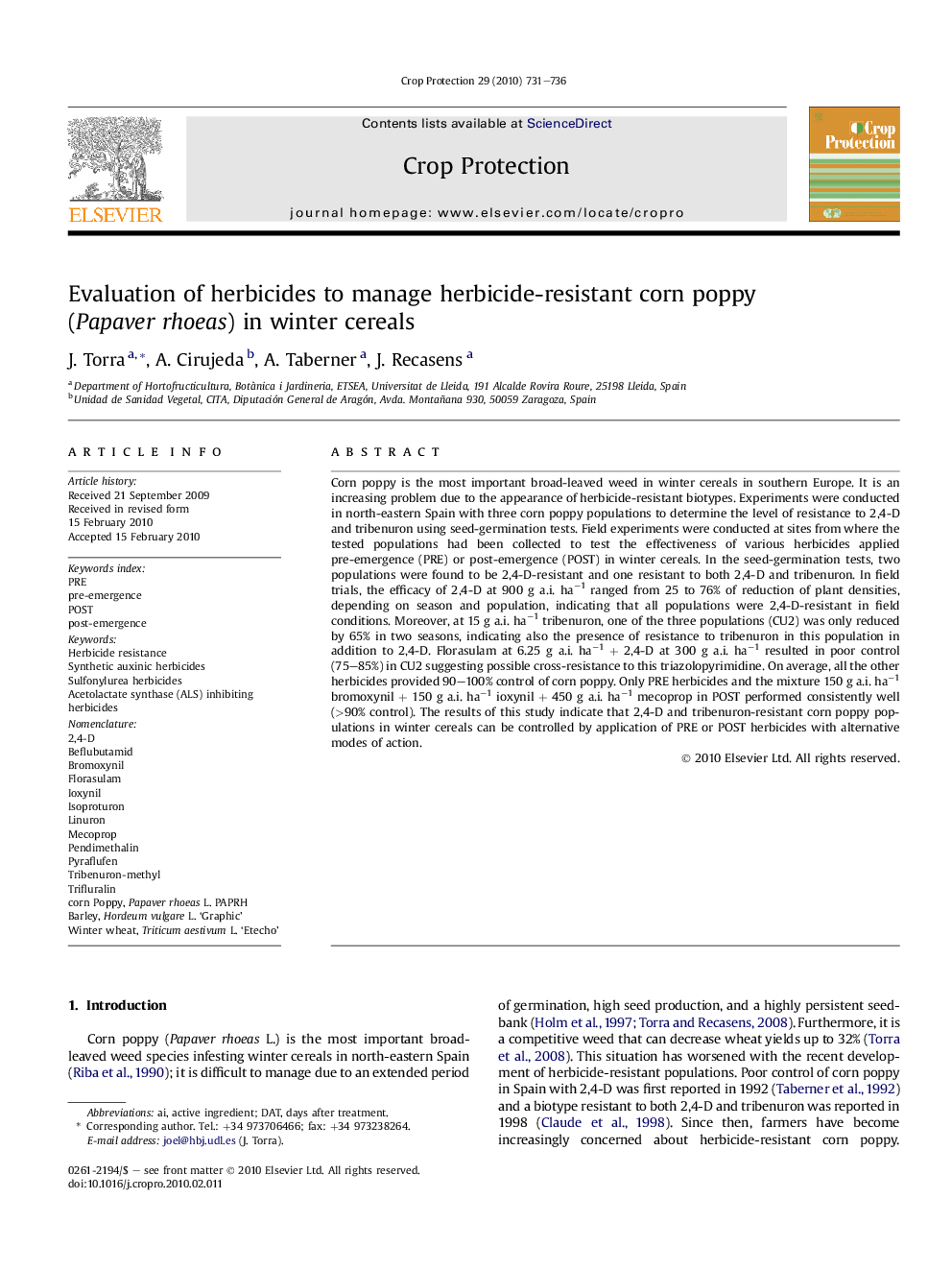 Evaluation of herbicides to manage herbicide-resistant corn poppy (Papaver rhoeas) in winter cereals