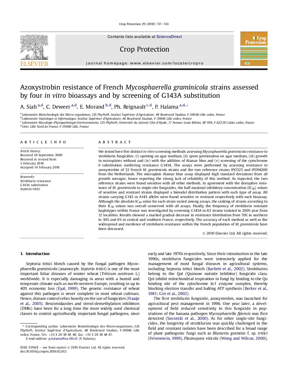 Azoxystrobin resistance of French Mycosphaerella graminicola strains assessed by four in vitro bioassays and by screening of G143A substitution