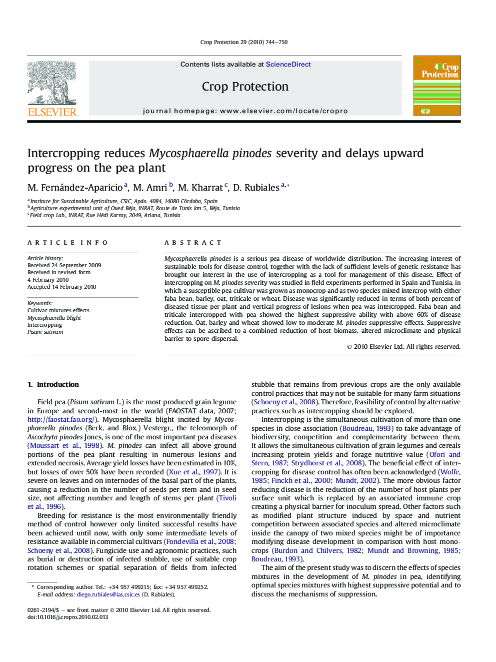 عکس صفحه اول مقاله: Intercropping reduces Mycosphaerella pinodes severity and delays upward progress on the pea plant Intercropping reduces Mycosphaerella pinodes severity and delays upward progress on the pea plant