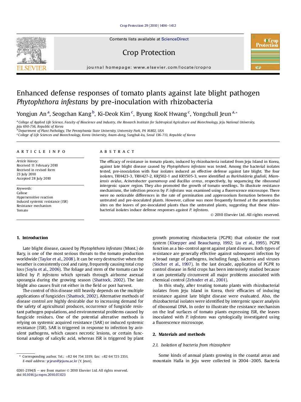 Enhanced defense responses of tomato plants against late blight pathogen Phytophthora infestans by pre-inoculation with rhizobacteria