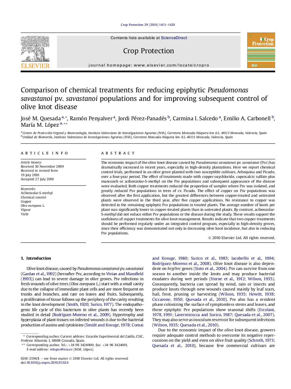 Comparison of chemical treatments for reducing epiphytic Pseudomonas savastanoi pv. savastanoi populations and for improving subsequent control of olive knot disease