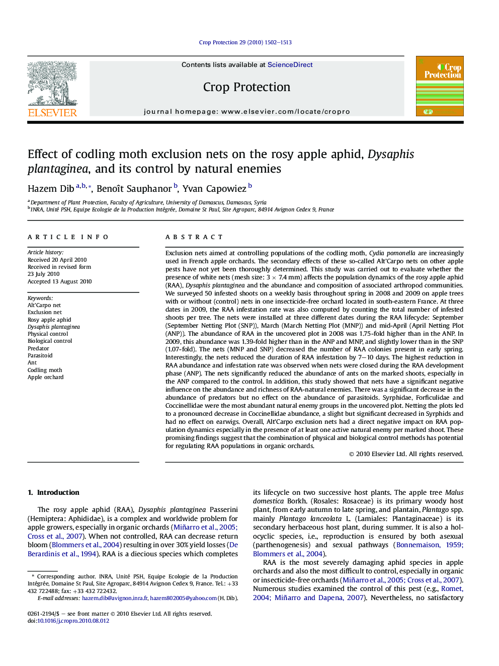 Effect of codling moth exclusion nets on the rosy apple aphid, Dysaphis plantaginea, and its control by natural enemies