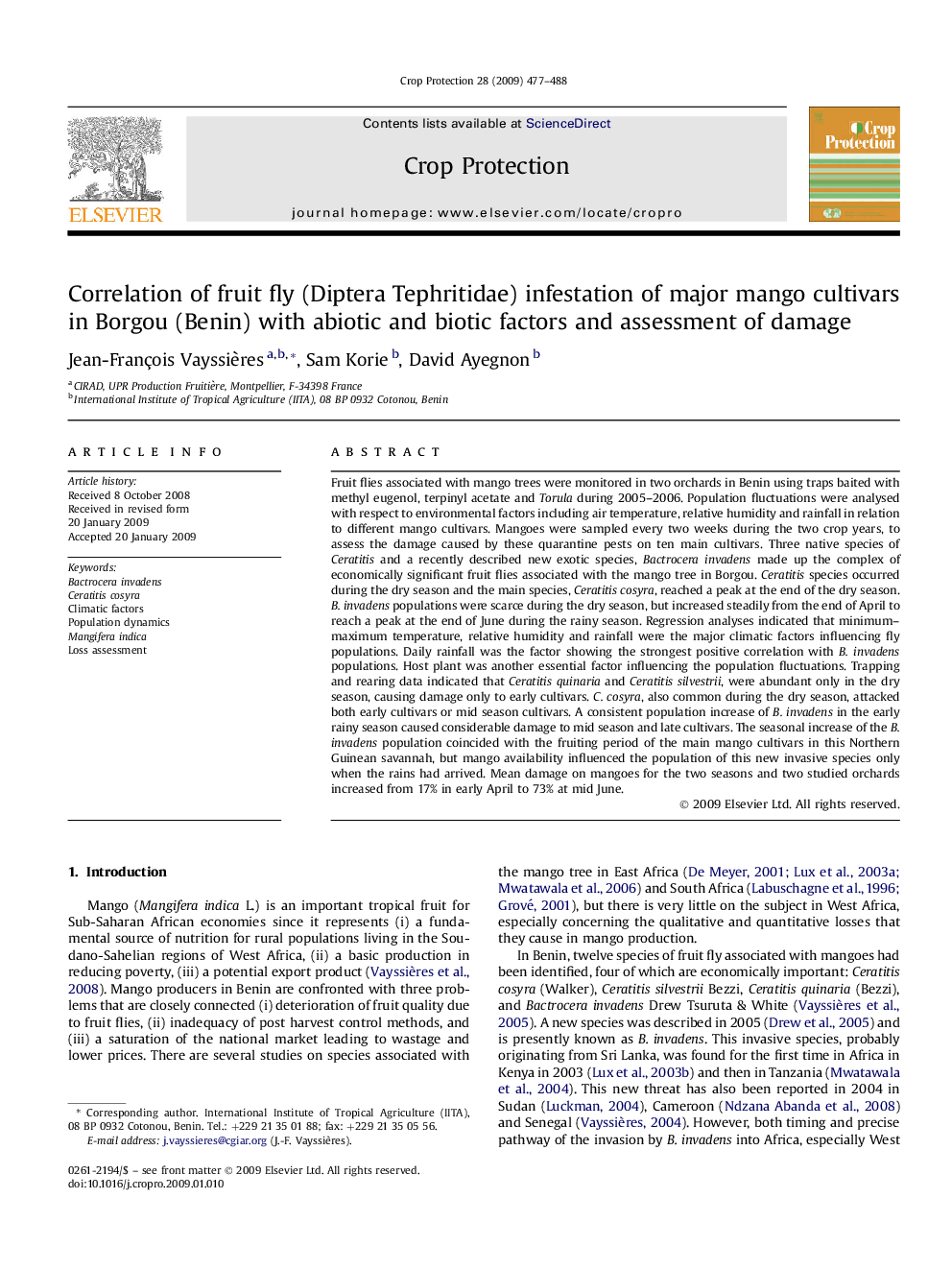 عکس صفحه اول مقاله: Correlation of fruit fly (Diptera Tephritidae) infestation of major mango cultivars in Borgou (Benin) with abiotic and biotic factors and assessment of damage Correlation of fruit fly (Diptera Tephritidae) infestation of major mango cultivars in Borgou (Benin) with abiotic and biotic factors and assessment of damage