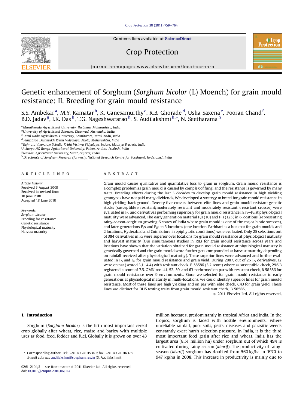 عکس صفحه اول مقاله: Genetic enhancement of Sorghum (Sorghum bicolor (L) Moench) for grain mould resistance: II. Breeding for grain mould resistance Genetic enhancement of Sorghum (Sorghum bicolor (L) Moench) for grain mould resistance: II. Breeding for grain mould resistance