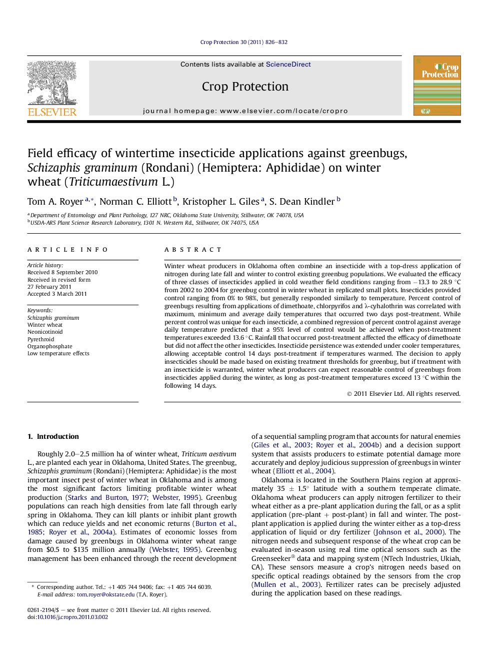 Field efficacy of wintertime insecticide applications against greenbugs, Schizaphis graminum (Rondani) (Hemiptera: Aphididae) on winter wheat (Triticumaestivum L.)