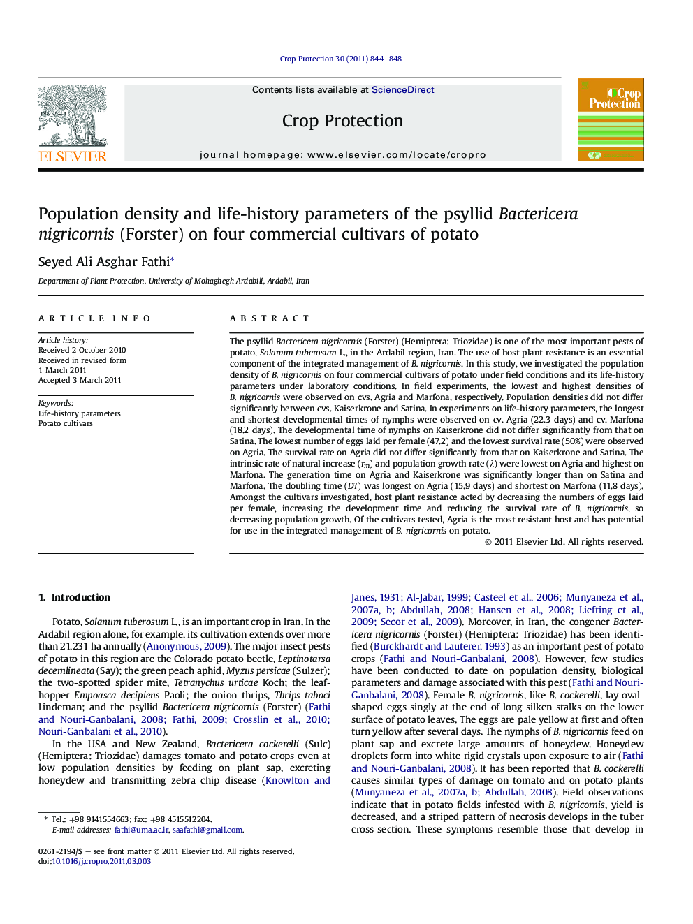 Population density and life-history parameters of the psyllid Bactericera nigricornis (Forster) on four commercial cultivars of potato